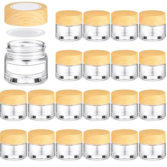 Layhit 24 Pcs Glass Jars with Lids Clear Small Jars with Plastic Woodgrain Lids, White Labels and Inner Liners Empty Round Cosmetic Containers for Creams Lotions Powder Candle Making (0.34oz/ 10ml)