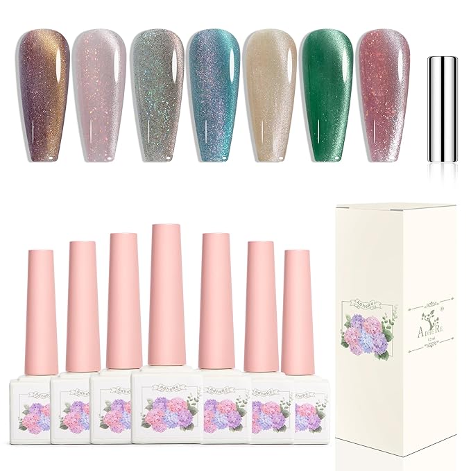 Adhere 7Pcs 12ML Cat Eye Soak Off UV LED Gel Nail Polish, Reflective Glitter Cat Eye, Sparkling Diamond Magnetic Flash Color with Magnet