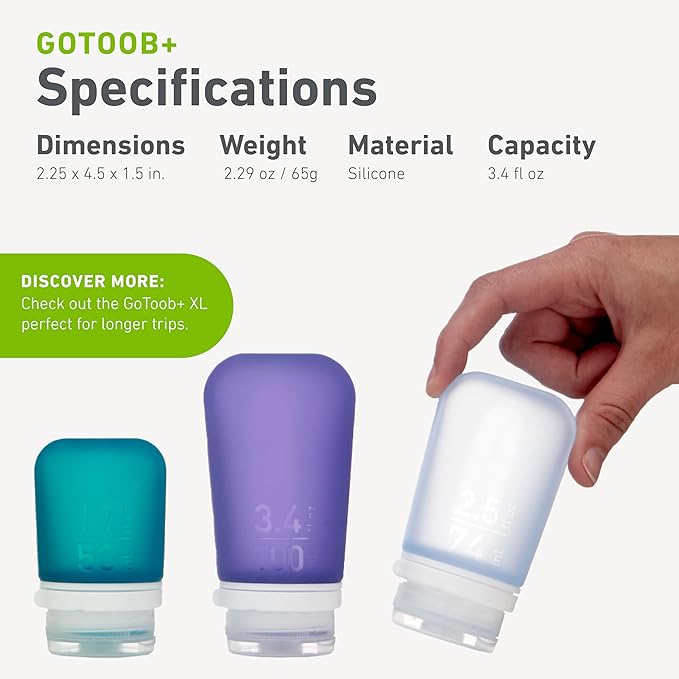 humangear GoToob+ Refillable Silicone Travel Size Bottles with Locking Cap, 3pk Set, Rose/Lilac/Magenta, Large (3.4 fl.oz; 100ml)
