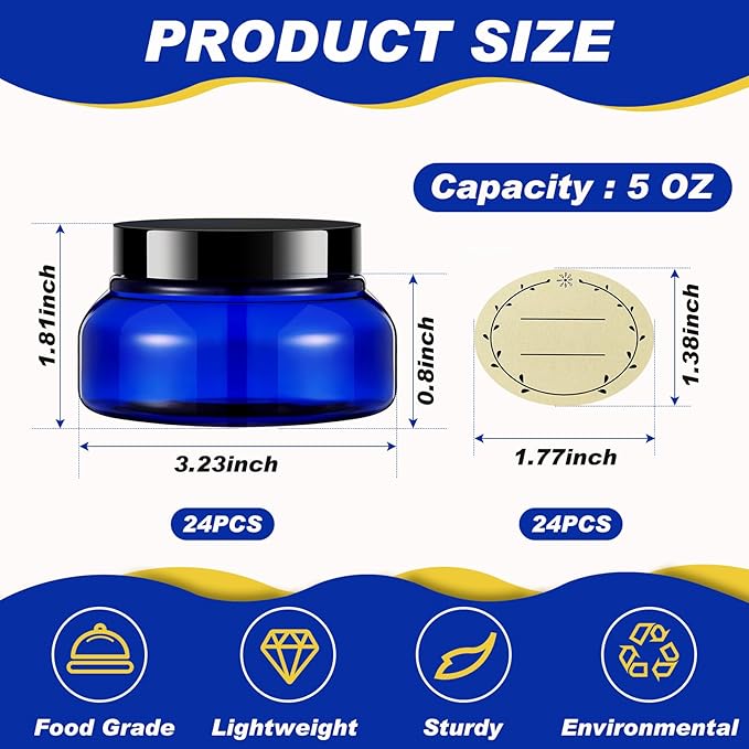 Tessco 24 Pack Plastic Jars with Lids Labels Empty Clear Plastic Jars Round Refillable Cosmetic Containers Body Butter Containers Bulk Sugar Scrub Bottle for Make Up(5 oz,Translucent Blue and Black)