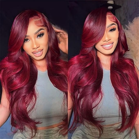 99j Burgundy Lace Front Wigs Human Hair 26 Inch 13x6 Body Wave Lace Front Wigs Human Hair Pre Plucked 200 Density HD Transparent Red Colored Frontal Wigs Human Hair for Women with Baby Hair