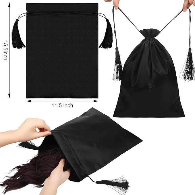Silkfly 30 Pcs Satin Wig Bag Satin Silk Bags Large Hair Packaging Drawstring Pouch with Tassel for Women Wigs Hair Extensions Hair Tools Storage Travel Home Salon Makeup Gift, Black