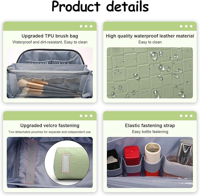 BOYATU Travel Makeup Bag Organizer Cosmetic Bag: 3 Pcs Set Make up Bags for Women with Handle - Waterproof Vegan Leather Toiletry Bags with Comparments (Green)