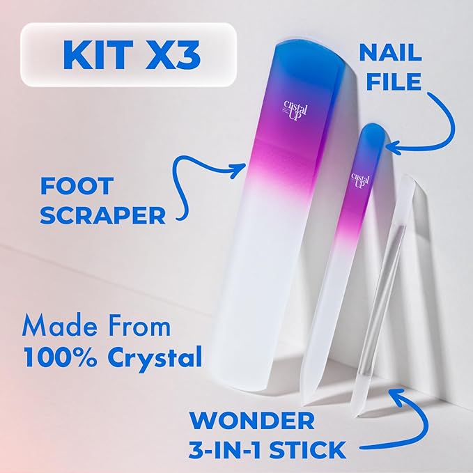 Starter Crystal Nail Set Care - 3PC Includes Glass Foot Scraper, Medium Crystal Nail File, and Cuticle Stick for Natural Nails, Glass Nail File Kit