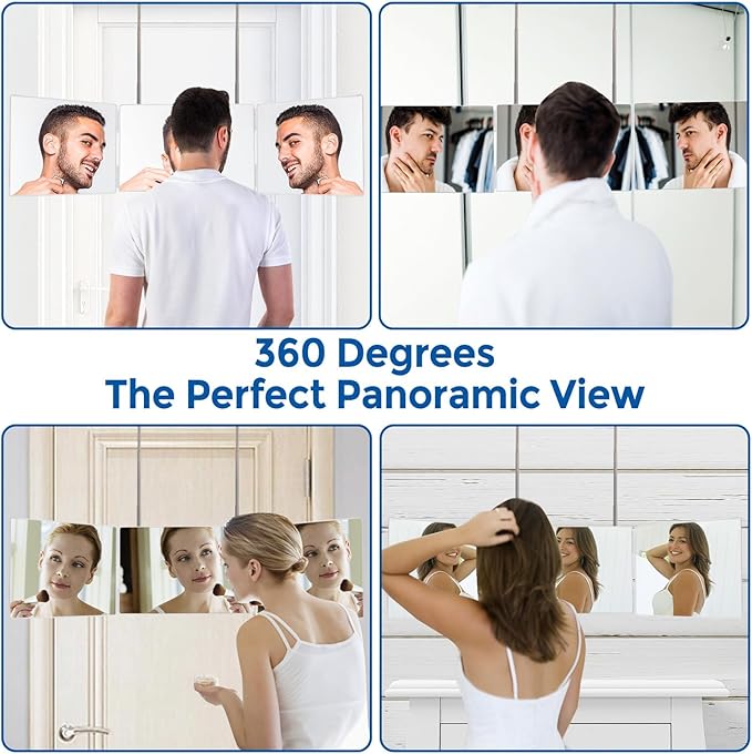 3 Way Trifold Haircut Mirror, 360 Degree Mirror for Hair Cutting, Shaving, Grooming, Hair Styling, Dye Hair Makeup with Adjustable Height Brackets, Portable for Travel, Bedrooms, Bathroom (White) New