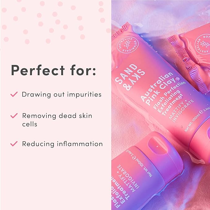 Sand & Sky Flash Perfection Exfoliating Treatment Face Scrub - Face cleanser Australian Pink Clay Moisturizing Facial Exfoliator For Face | With Rosehip, Grapeseed, Olive Oil (3.4 oz)