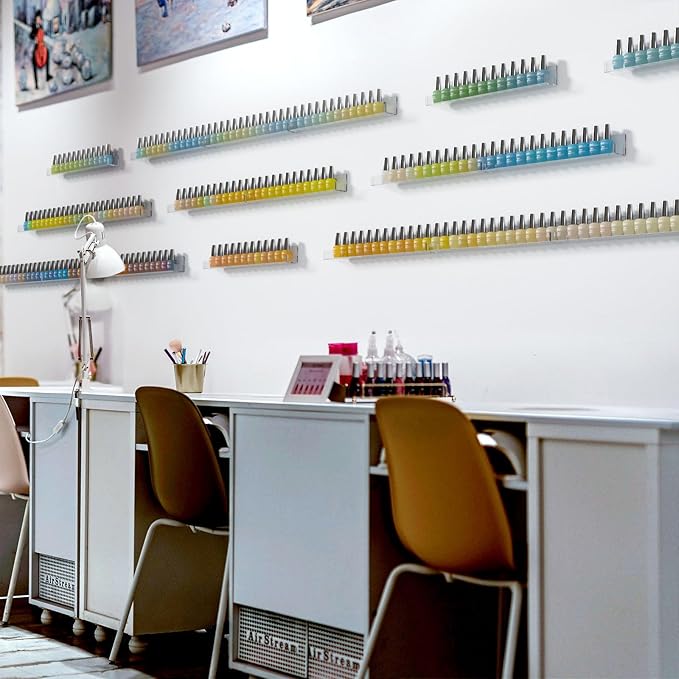 NIUBEE 6 Pack Nail Polish Rack Wall Mounted Shelf with Removable Anti-Slip End Inserts, Clear Acrylic Nail Polish Organizer Display 90 Bottles