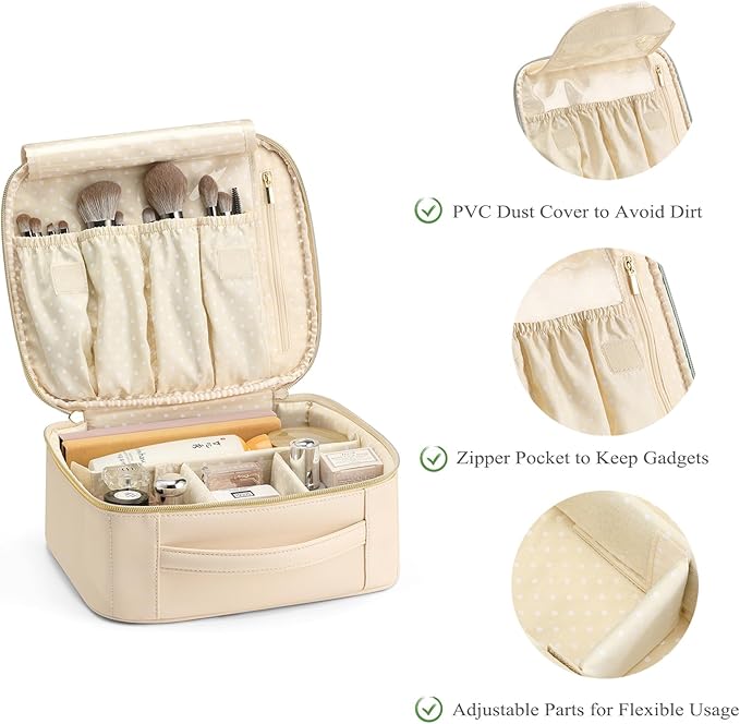 Vlando Toiletry Bag, Large Wash Bag, Travel Cosmetic Make-up Bag, Multi-compartment with Dividers for Cosmetics Makeup Brushes Toiletry Jewelry Accessories, Beige