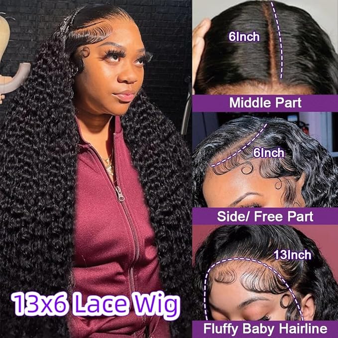13x6 Deep Wave Lace Front Wigs Human Hair Pre Plucked Curly HD Transparent Lace Front Wig Human Hair for Black Women 180% Density Wet and Wavy Glueless Frontal Wigs with Natural Baby Hair 22 Inch