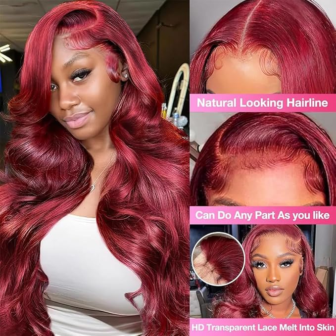 99J Burgundy Lace Front Wigs Human Hair Body Wave 13x4 HD Transparent Lace Front Wigs Human Hair Pre Plucked with Baby Hair 99j Red Wine Human Hair Wigs for Women 30 Inch