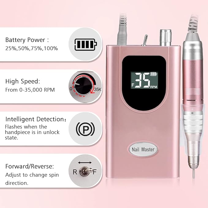 35000RPM Portable Nail Drill Machine, HoMove Professional Nail Drill Machine, Rechargeable Electric Efile Nail Drills for Acrylic Gel Nails, Cordless Portable Nails Drill【Rose Gold】
