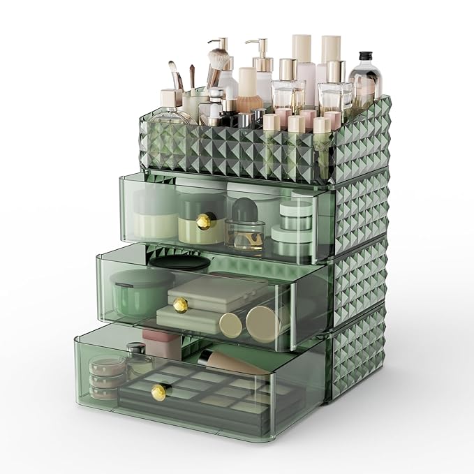 Makeup Organizer for Vanity, Stackable Cosmetics Organizer and Storage, Cosmetic Display Cases with 3 Drawers and 1 Tray for Makeup Brush, Hair Accessories, Lipstick and Jewelry, Green