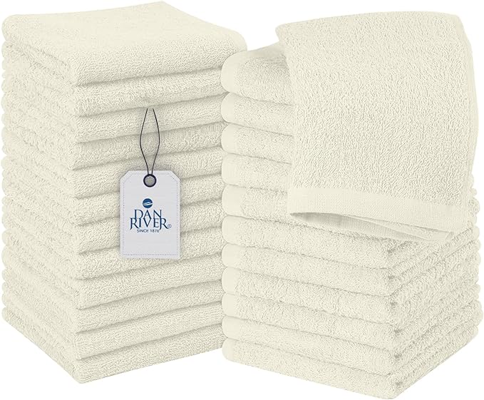 DAN RIVER 100% Cotton Washcloths 24 Pack Premium Quality Face and Body Cloth, Quick Dry Essential Towels for Bathroom, Hand, Kitchen & Cleaning, Baby Washcloths | 12X12 in | 400 GSM | Ivory