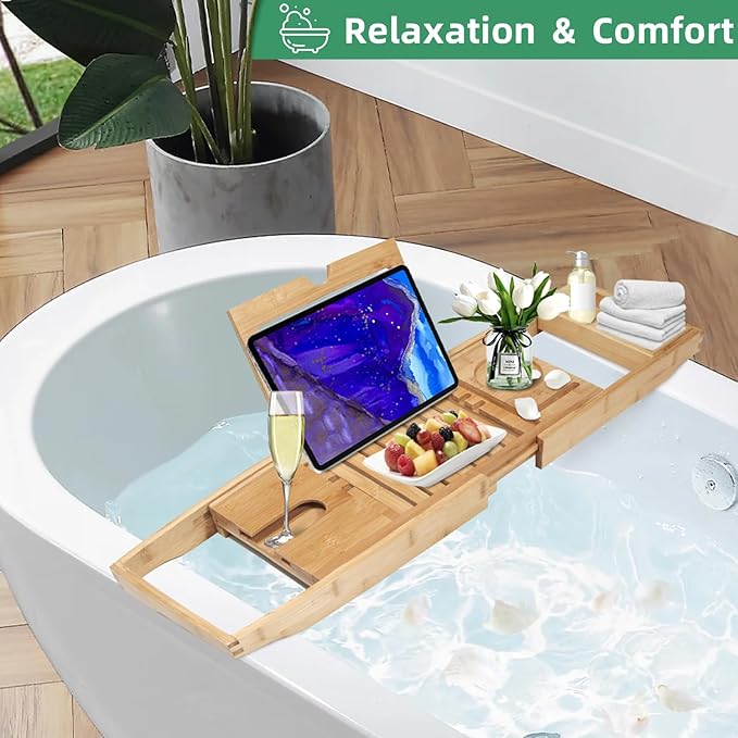 Bathtub Tray, Foldable Bath Tray for tub, Bamboo Bathtub Trays for tub, Luxurious Bath Accessories with Wine, Book & Tablet Holder - Expandable Size Fits Most Tubs - Wedding Gifts