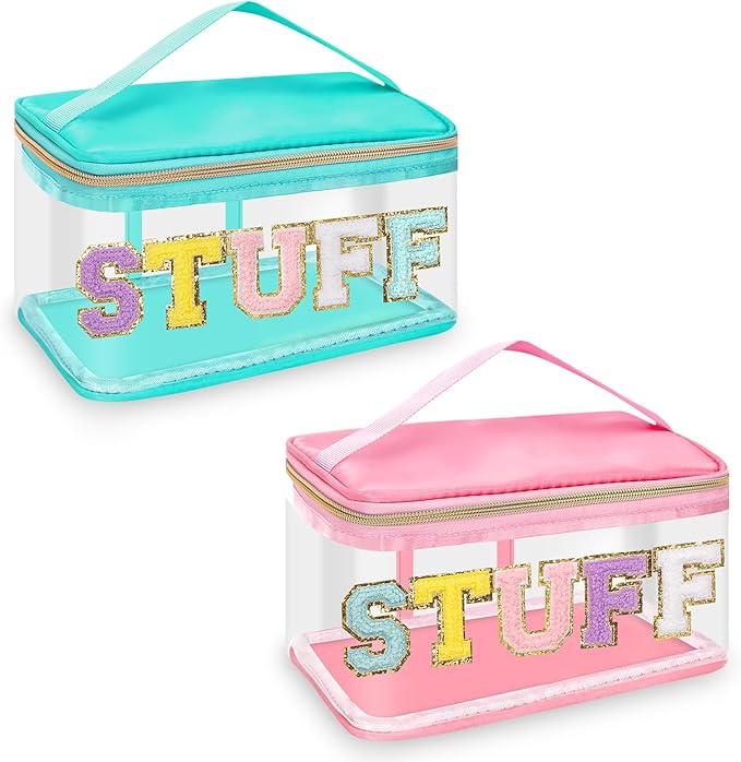 2 Pack Chenille Letter Clear Makeup Bags Stuff Pouch, Preppy Patch Makeup Bag Zipper with Handle, Pink Stuff Bags for Travel Nylon Waterproof Glitter Cosmetic Toiletry Storage for Women(Pink+Green)