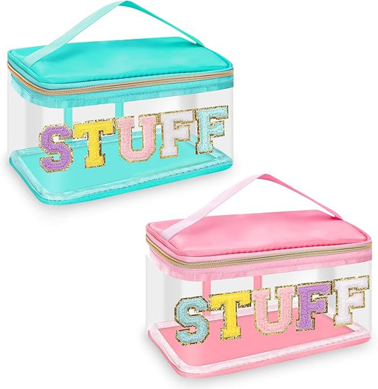 2 Pack Chenille Letter Clear Makeup Bags Stuff Pouch, Preppy Patch Makeup Bag Zipper with Handle, Pink Stuff Bags for Travel Nylon Waterproof Glitter Cosmetic Toiletry Storage for Women(Pink+Green)