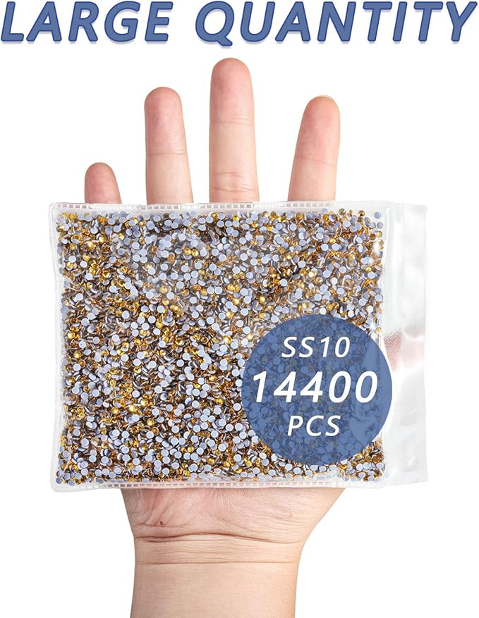 Beadsland Hotfix Rhinestones Bulk, 14400pcs Topaz Hot Fix Rhinestones for Crafts Clothes DIY Decoration, Topaz, SS10, 2.7-2.9mm