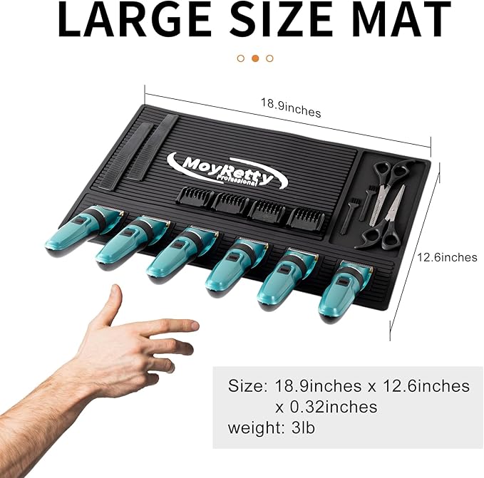 MoyRetty Magnetic Barber Mat for Clippers, (18.9" x 12.6") 6 Strong Magnetic Organizer Stations for Heavy Clippers and Trimmers, Professional Barbers Anti-Skid Rubber Mat(Black)