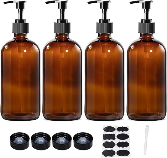 4 Pack 16 oz Amber Glass Bottles with Pumps for Shampoo, Essential Oils, Cleaning Products, Lotions, Aromatherapy Oil, Pump Bottles, Refillable Containers with Cap, 8 Chalk Labels, 1 Pen