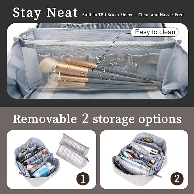 BOYATU Travel Makeup Bags for Women: Large Capacity Cosmetic Bag with Comapartments - Vegan Leather Make up Bag Set of 3 - Protable Makeup Organizer with Handle & Divider (L21 Silver)