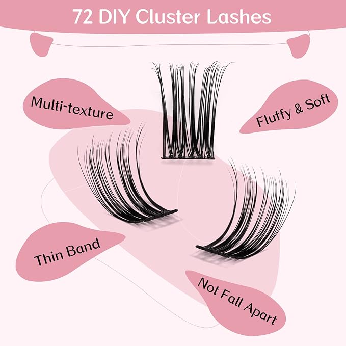 Cluster Lashes, 72 Pcs Individual Lashes, Lash Clusters DIY Eyelash Extension, Super Thin Band Reusable Soft & Comfortable (Ripple-D-16mm)