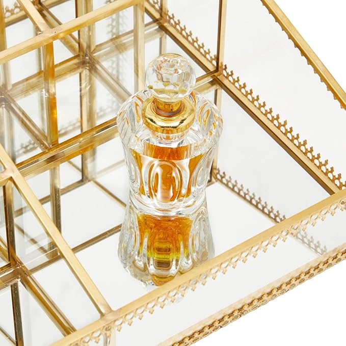 Glass Makeup Organizer with Gold Trim for Vanity, Cosmetic Storage (10.2 x 7.5 x 3.5 In)