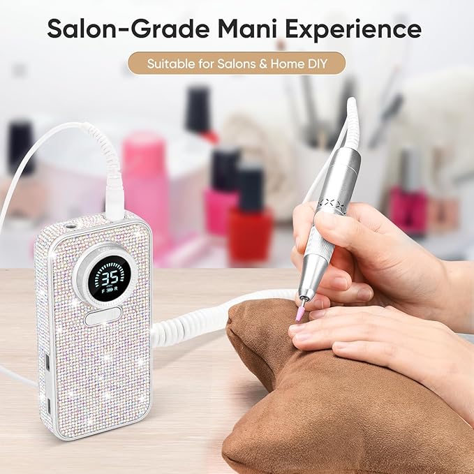 35000RPM Diamond Electric Nail Drill, High Tech Acrylic Fast Removal Cordless Nail Drill with 6 Bits & Sanding Bands for Salon & Home DIY