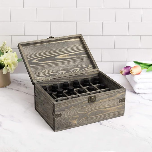 MyGift 24 Slot Wooden Essential Oil Bottle Storage Box, Vintage Gray Wood Roller Organizer Holder Display Case, Holds Up to 30 mL Bottles