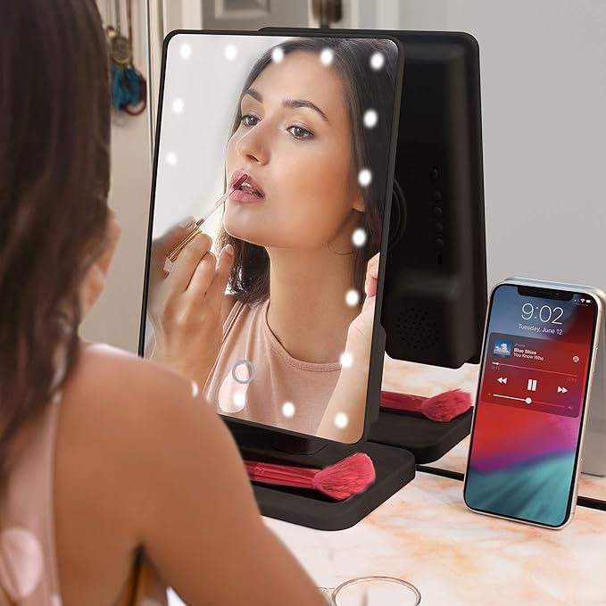 Aduro Vanity Mirror Makeup Mirror With Lights And Wireless Speaker, U-Reflect Beauty LED Wireless Swivel Smart Home Audio Mirror With Tray (Black)