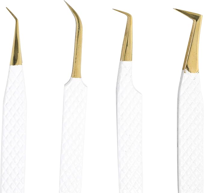 M LASH Tweezers for Eyelash Extensions - Professional Lash Extension Tweezers (Set of 4) - Fiber Tip, Japanese Steel, Diamond Grip (White)