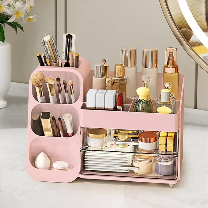 Makeup Organizer Countertop, Vanity Organizer with Brush Holder, Cosmetic Display Case with Drawers, Skincare Organizer for Dresser, Bathroom, Large Make up Storage Cosmetic Holder for Women gifts