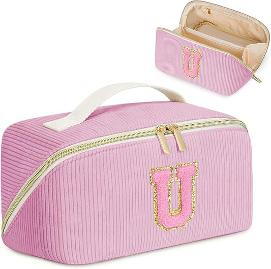 Gifts for Girls, Initial Travel Makeup Bag Women's Day Gift Make up Bag Cosmetic Bags Monther's Day Gifts, Personalized Stuff Bag Cute Makeup Bag Birthday Gifts for Women/Friend/Mother Pink - U