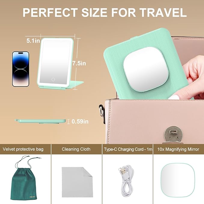 LED Foldable Travel Makeup Mirror - 5x7 inches3 Colors Light Modes USB Rechargeable Touch Screen, Portable Tabletop Cosmetic Mirror for Travel, Cosmetic, Office (Green)