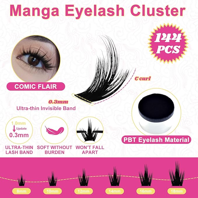 Manga Lash Clusters Kit 8-18mm Eyelash Clusters DIY Lash Extension Kit Waterproof Anime Lashes Ultra-Thin Invisible Band 0.3mm Individual Cluster Eyelash Extensions, California Sunset-Kit