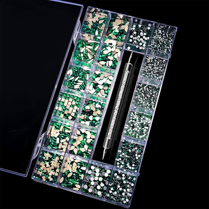 3100Pcs Nail Crystal Rhinestones Kit, Mix Shapes AB Glass, 3D Diamonds Flatback Crystals, with a Drill Pen, Nail Crystal Non Hotfix, Nail Art Decoration (Green)