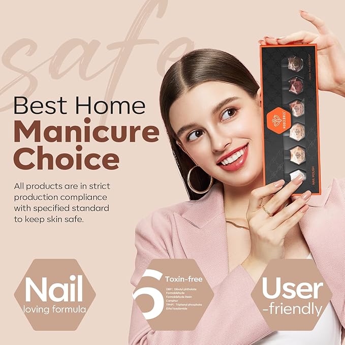 modelones Nail Polish Set 6 Colors, Nude Brown Burgundy Glitter Quick Dry Mini Nail Lacquer Kit, Skin Tone Dark Red Pink Nail Art DIY Home Travel Salon Nail Art Manicure Gift for Women Girls