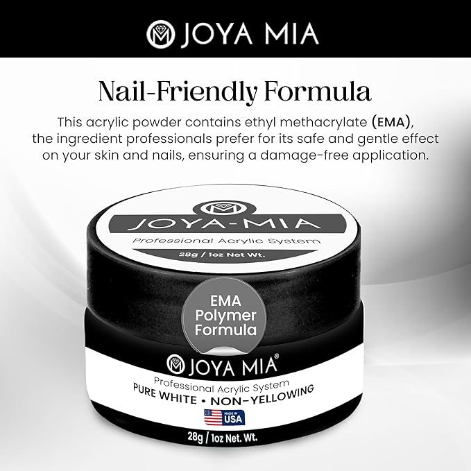 Joya Mia Acrylic Powder for Nails, MMA-Free, Super Adhesion Professional Powder for Flawless & Long-Lasting Nail Enhancements, Easy Application, Vibrant & Stunning Colors - Pure White, 1 oz