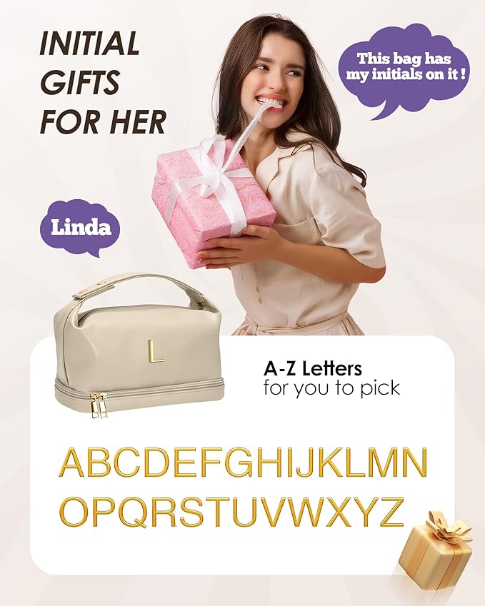 Gifts for Friends Female Mom, Letter Makeup Bag, Personalized Double Layer Cosmetic Bag with Makeup Brush Organizer, Waterproof, Large Capacity PU Leather Travel Toiletry Bag, Gift for Wife