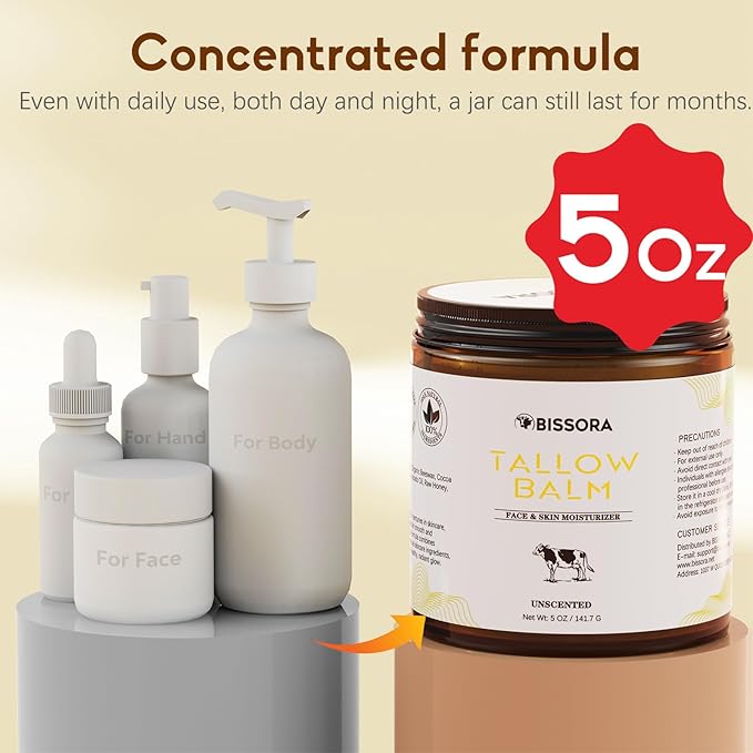 Beef Tallow for Skin, Organic Grass-Fed Beef Tallow Balm with Raw Honey & Jojoba Oil - Whipped Moisturizer for Face & Body - All-Natural Skin Care for Soft, Hydrated Skin (5 OZ, Unscented)
