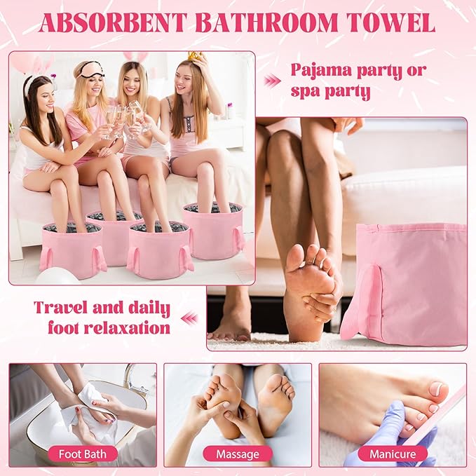 12 Pcs 15L Foldable Foot Soaking Tub Kit Portable Foot Bath Tub Foldable Foot Basin Bath Foot Tub for Soaking Feet with Towel and Storage Bag Soak Spa Bucket for Travel Camping (Pink)