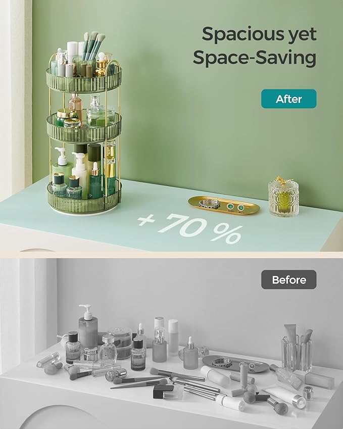 SONGMICS Makeup Organizer, 3-Tier Round Rotating Skincare Organizer Countertop, Customizable, Toiletries Vanity Organizer, Lazy Susan, Gift for Mom, Pale Green UJKA011C01