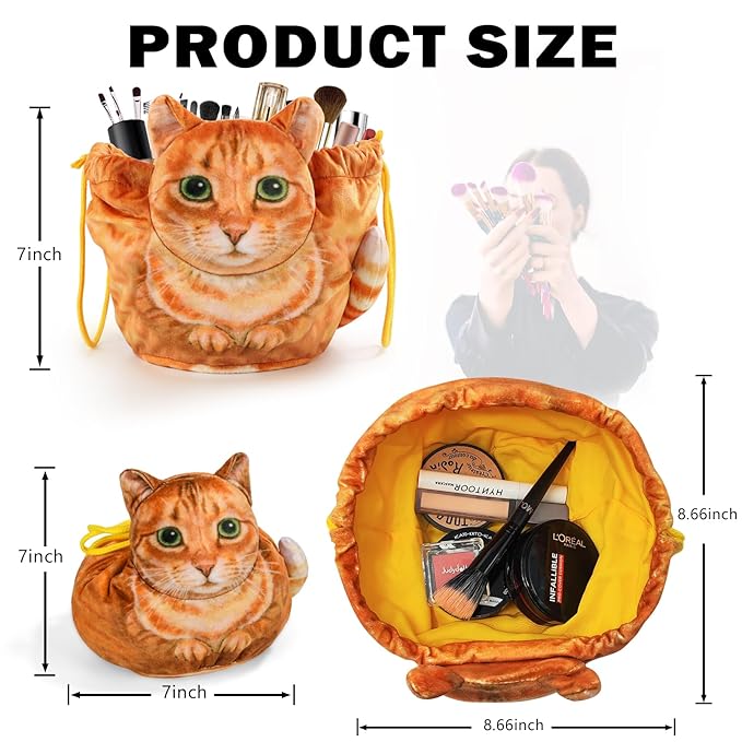 Openhaha Drawstring Travel Organizer, Cosmetic Pouch - Cat Gift for Women, Lay Flat Makeup Bag Gifts for Cat Lovers (2-Pack)