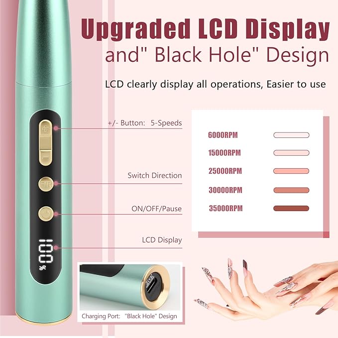 VINGVO Cordless Electric Nails Drill Filer Set, Professional Manicure Pedicure Kit with Bits for Acrylic, Portable Electric Files & Buffers for Toenail Cuticle Hand Foot Care Polish Tool (Green)