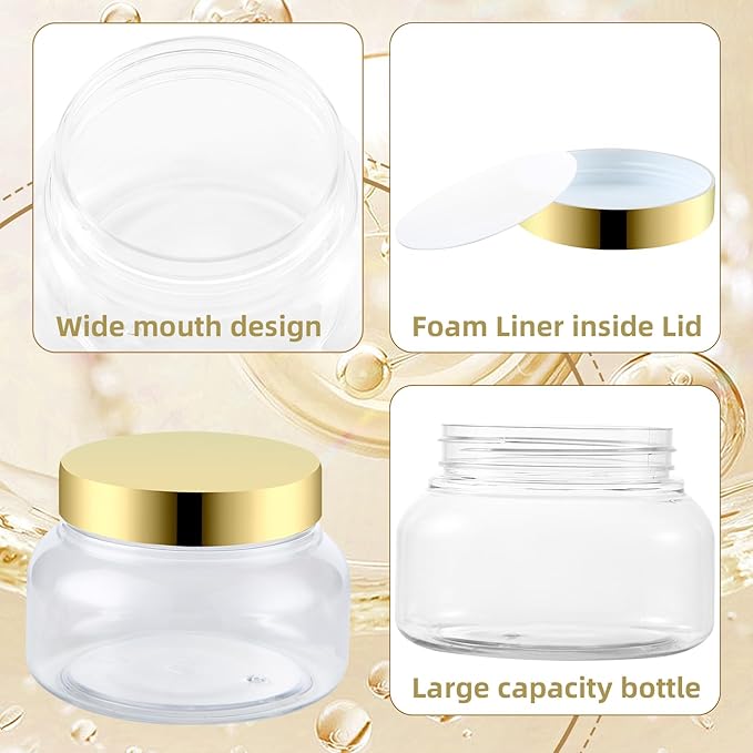 48 Pack 8 Oz Plastic Containers With Lids and Waterproof Label BPA Free - Refillable Transparent Cosmetic Containers for Body Butter,Sugar Scrubs,Cream,Lotions,Candy,Bath Salt (48, Gold)