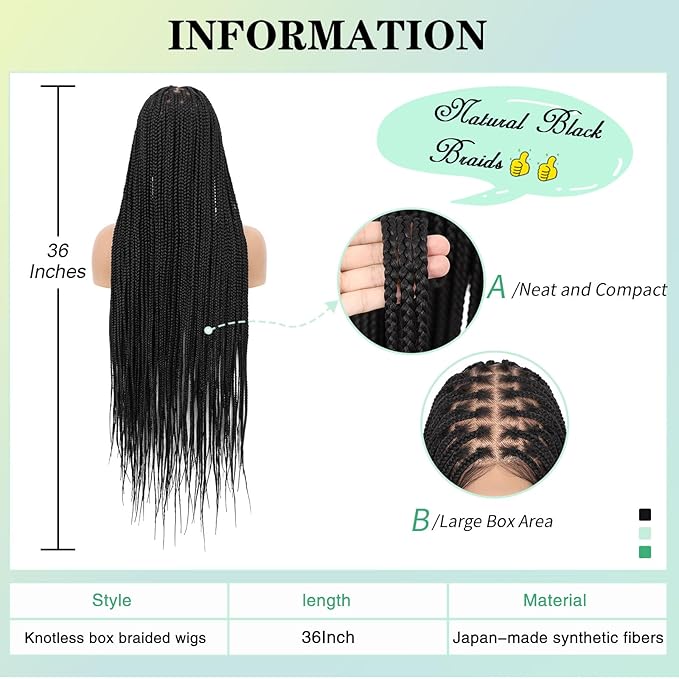 36 Inch 13x8 HD Lace Front Knotless Braided Wigs for Women Box Braid Wig With Baby Hair Human Hair Blended Lace Black Braid Wigs