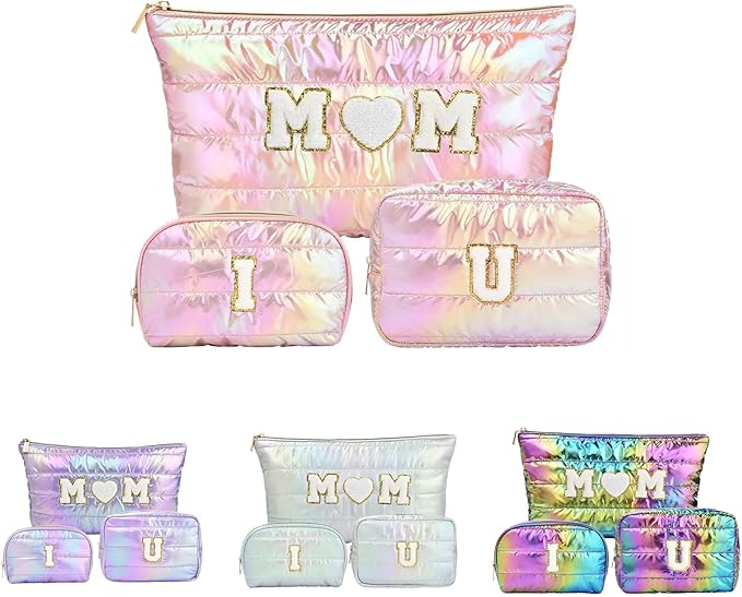 Hiroyuki 3pcs Iridescent Quilted Makeup Bag (ILOVEUMOM, pink)