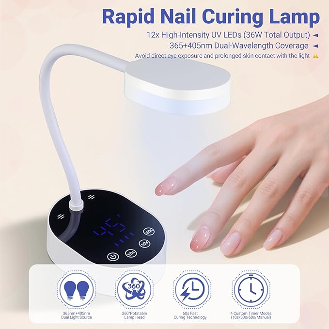 Smart Sensing UV Nail Lamp-Equipped with LED Dual Light Sources(365+405nm) for 10-Second Rapid Curing.Features Three Timing Settings,Rechargeable,and a 360-degree Adjustable Neck.