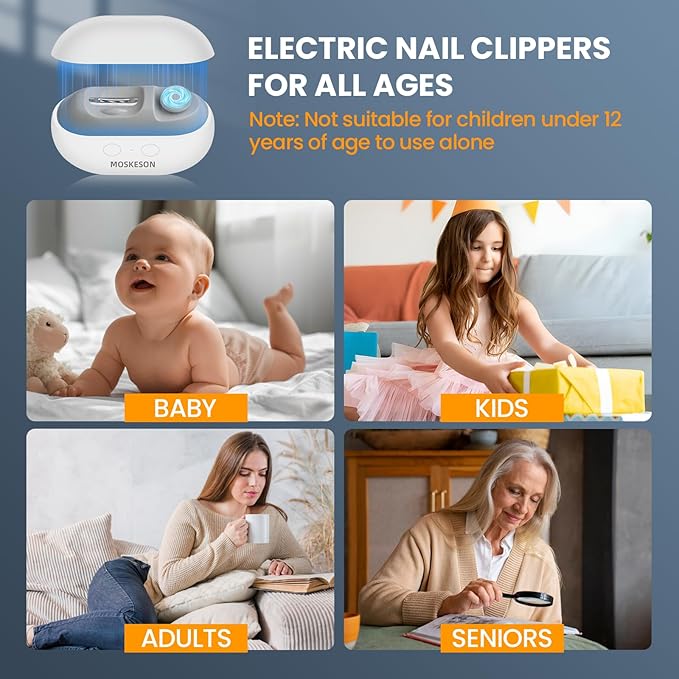 Electric Nail Clipper: 3-in-1 Automatic Fingernail Trimmer, Polisher & Clip Storage with LED Light, USB Rechargeable & 2 Speed Gears Automatic Safety Nails Cutter for Baby Kids Adult Seniors (White)