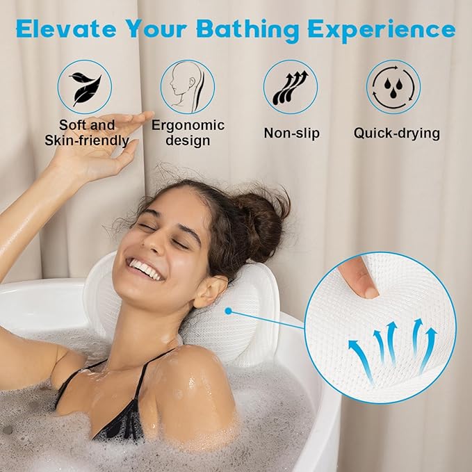 Luxury Bath Pillows for Tub – Extra Thick Non-Slip Bathtub Pillow with Rubber Back, Head & Neck Support for Soaking, Spa Bath Accessories, for Women, Fits All Bathtubs (White)