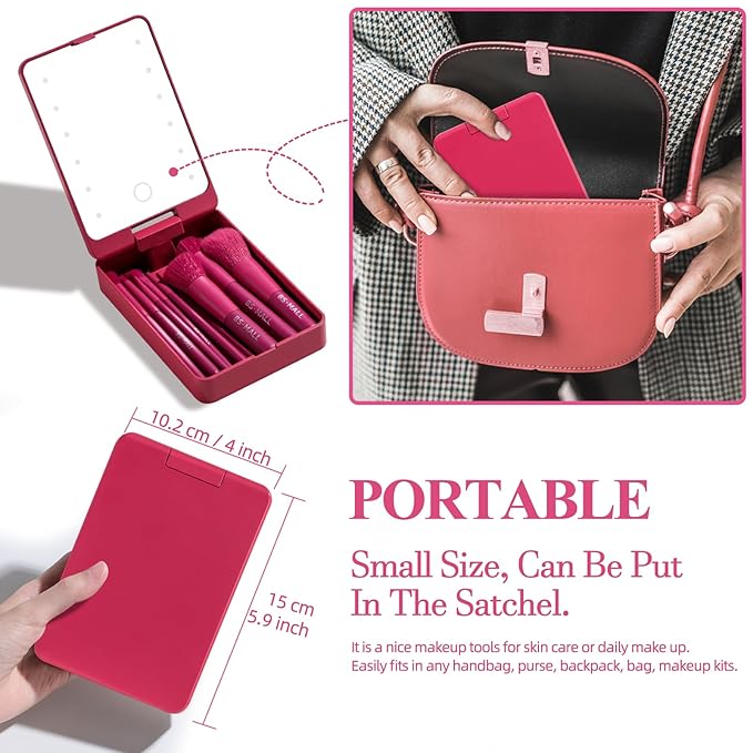 BS-MALL Travel Makeup Brush Set Foundation Powder Concealers Eye Shadows Makeup Set with LED light Mirror 14 Pcs (HotPink)